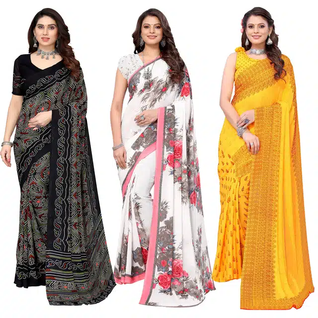 Women's Designer Floral Printed Saree with Blouse Piece (Pack of 3) (Multicolor) (SD-21)