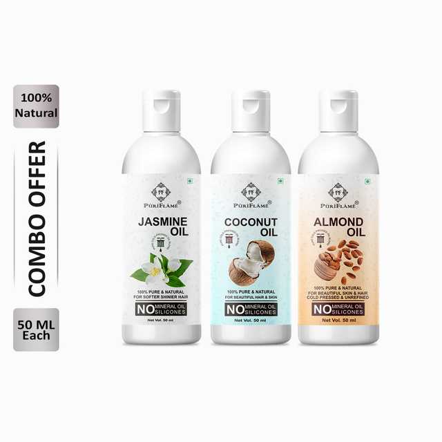 Puriflame Pure Jasmine Oil (50 ml), Coconut Oil (50 ml) & Almond Oil (50 ml) Combo for Rapid Hair Growth (Pack Of 3) (B-11145)