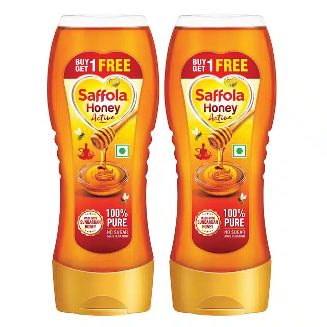 Saffola Honey, 100% Pure Honey, Squeezy Pack, 2X350 g (Buy 1 Get 1 Free)