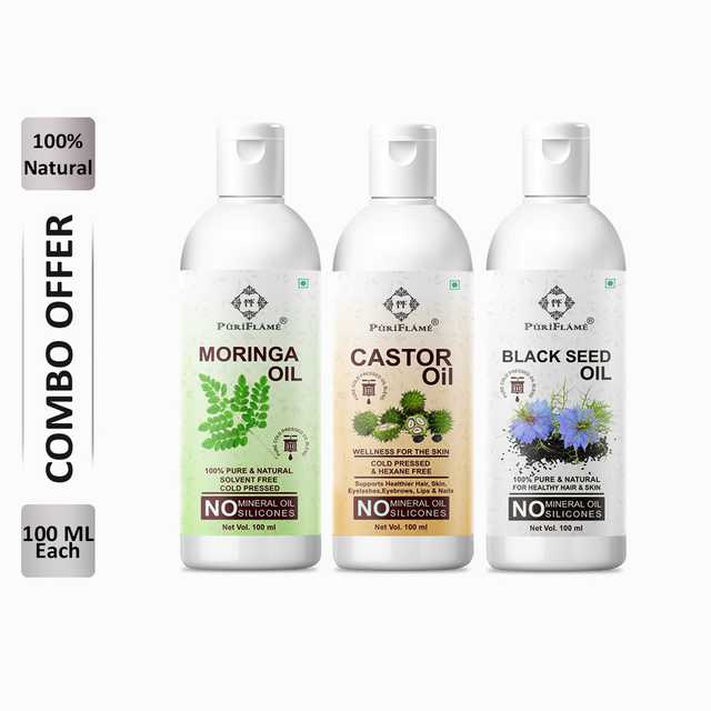 PuriFlame Pure Moringa Oil (100 ml) & Castor Oil (100 ml) & Blackseed Oil (100 ml) Combo For Rapid Hair Growth (Pack Of 3) (B-5440)