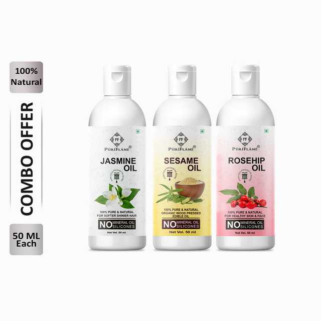 Puriflame Pure Jasmine Oil (50 ml), Sesame Oil (50 ml) & Rosehip Oil (50 ml) Combo for Rapid Hair Growth (Pack Of 3) (B-11329)