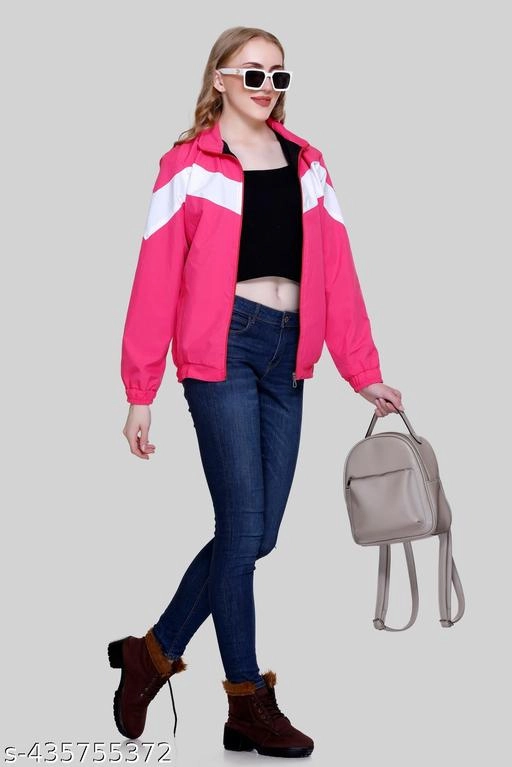 Nylon Solid Jackets for Women (Pink & White, M)