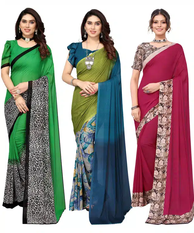 Women's Designer Floral Printed Saree with Blouse Piece (Pack of 3) (Multicolor) (SD-95)