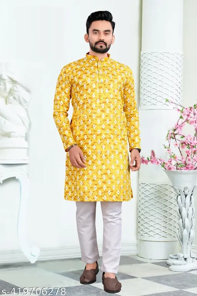 Cotton Blend Printed Kurta with Pyjama for Men (Yellow & White, S)