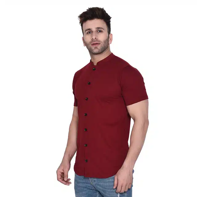Men Solid Mandarin Collar Shirt (Maroon, S) (RSC-257)