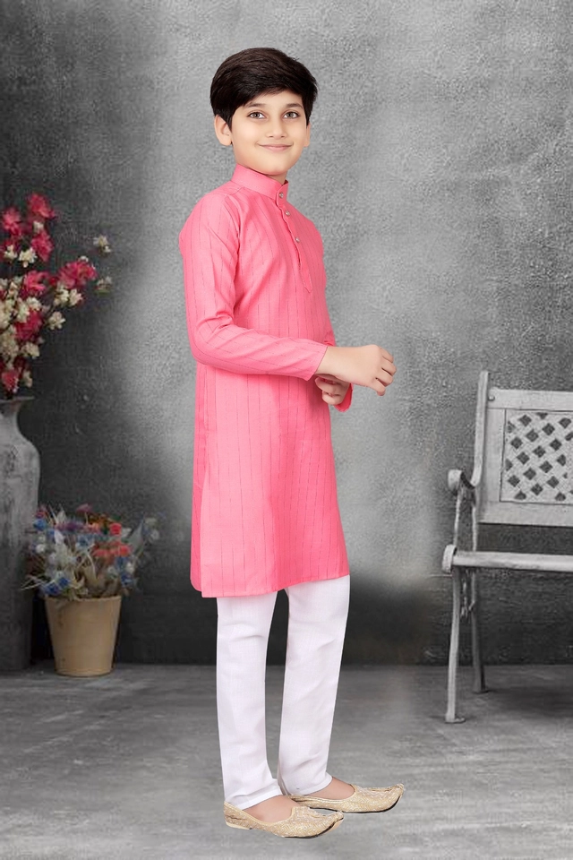 Cotton Full Sleeves Kurta with Pyjama for Boys (Pink & White, 3-5 Years)