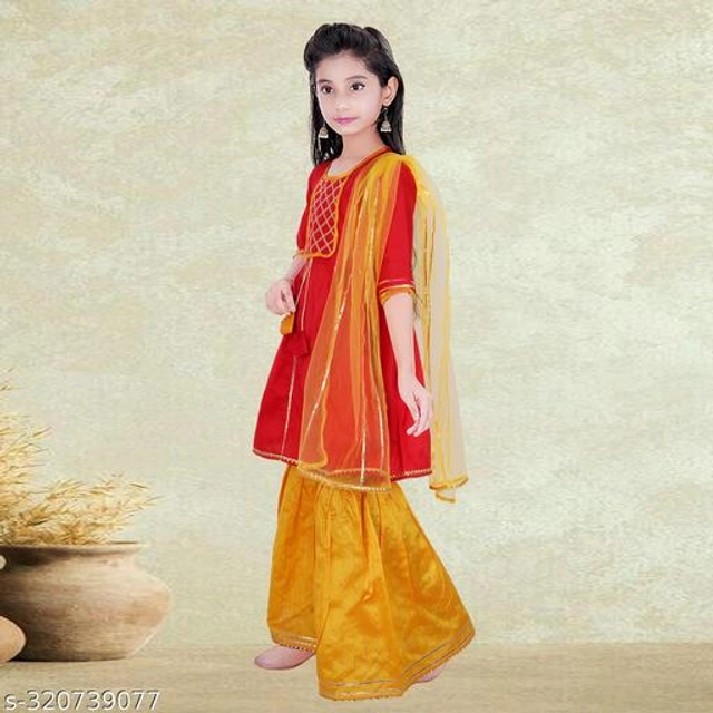 Dupion Silk Kurta Sets for Girls (Red & Yellow, 2-3 Years)