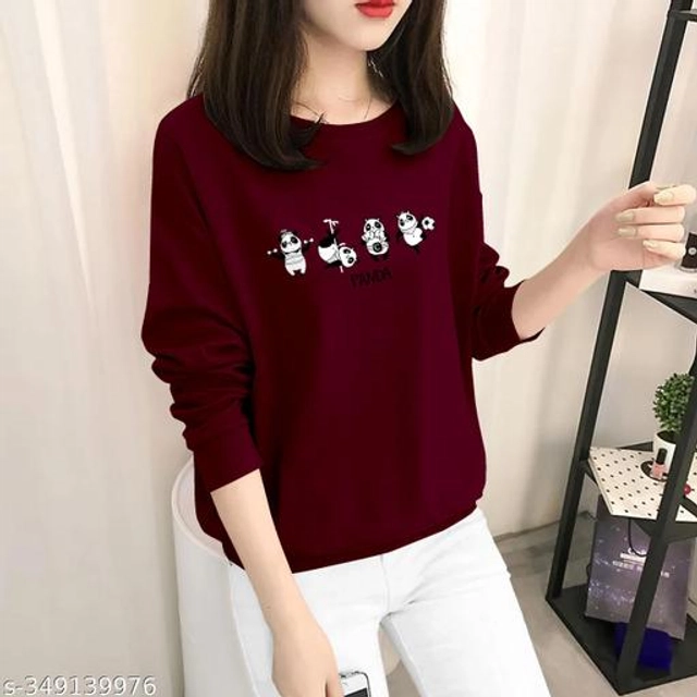 Cotton Round Neck Printed T-Shirt for Women (Maroon, XS)