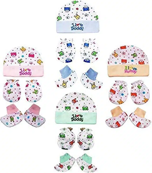 Cotton Printed Cap, Mittens and Booties for New Born Baby (Set of 4) (Multicolor, 0-6 Months)