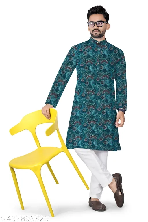 Cotton Ethnic Motif Kurta for Men (Teal, M)