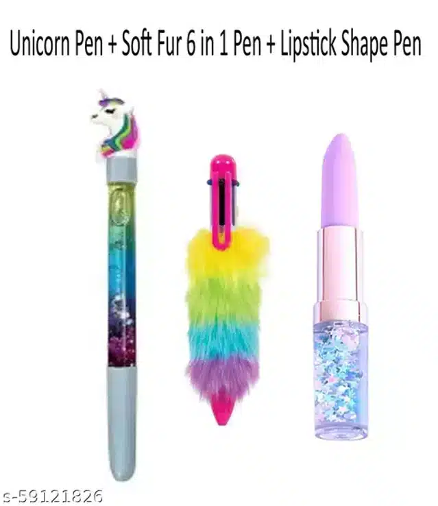 Combo of 1 Water Glitter Pen, 1 Fur Pen & 1 Lipstick Pen (Multicolor, Set of 3)