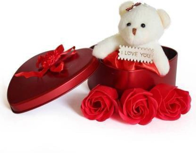 Artificial Roses with Teddy Bear Valentine's Day Gift Box (Multicolor)