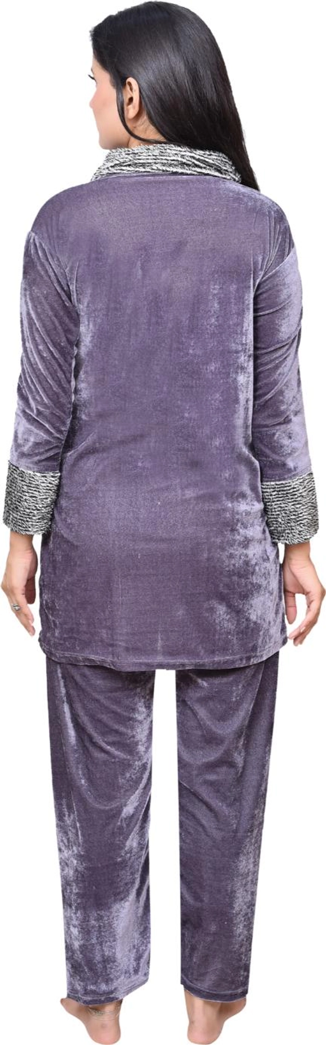 Velvet Solid Nightsuit for Women (Grey, M)