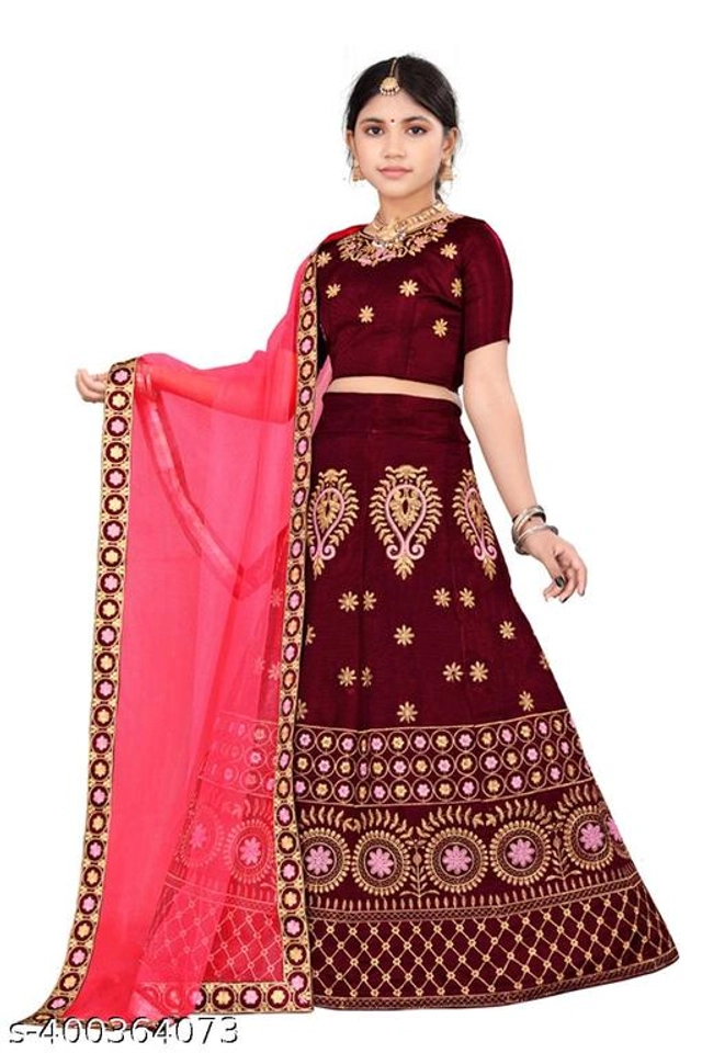 Satin Embroidered Lehenga with Choli & Dupatta for Girls (Maroon & Pink, 2-3 Years)