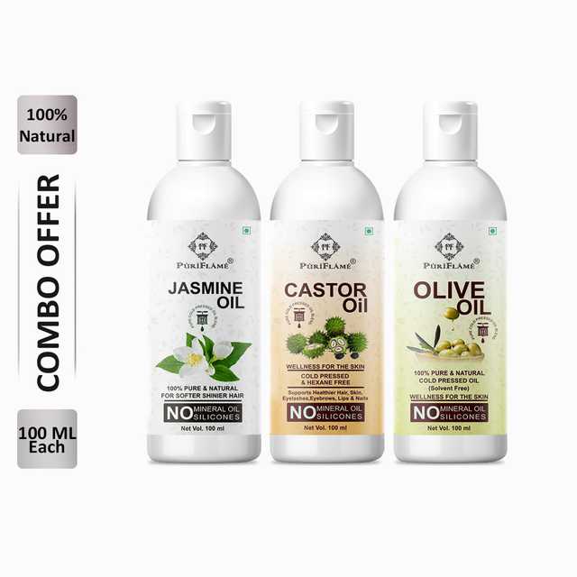 PuriFlame Pure Jasmine Oil (100 ml) & Castor Oil (100 ml) & Olive Oil (100 ml) Combo For Rapid Hair Growth (Pack Of 3) (B-4764)