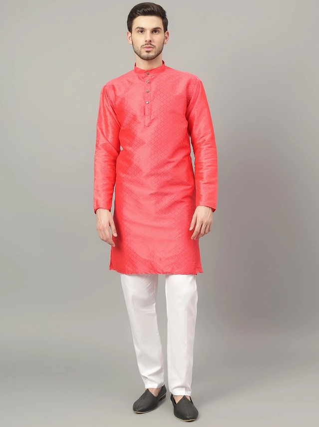 Jacquard Solid Kurta with Pant for Men (Peach, S)