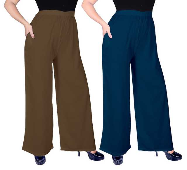 Mevaba Casual Viscose Blend Women Solid Palazzo (Pack Of 2, Mouse Brown & Morpeach Blue) (SS-328)