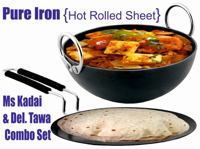 Iron Non Coated Kadai (0.75 L) & Tawa (Black, Set of 2)