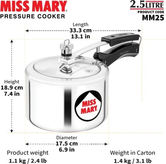 HAWKINS Miss Mary (MM25) Inner Lid Pressure Cooker (2.5 Ltr, Pack of 1)