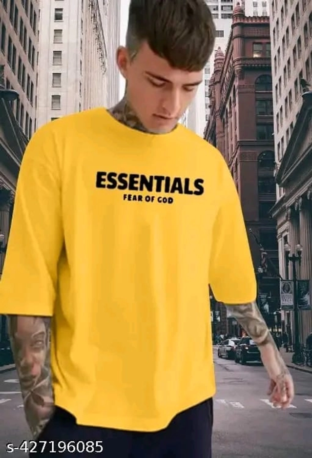 Round Neck Printed Oversized T-Shirt for Men (Yellow, S)