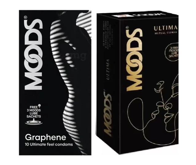 Combo of Moods 10 Pcs Graphene & 10 Pcs Ultima Mutual Climax Condoms with 3 Pcs Free Lube Sachets (Set of 2)