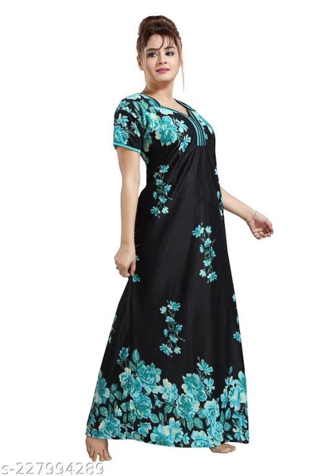 Satin Nightdress for Women (Sky Blue & Black, XL)