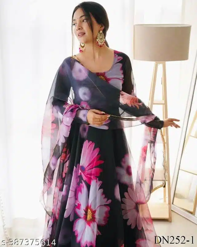 Georgette Printed Gown with Dupatta for Women (Black & Pink, S)