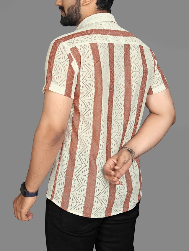 Half Sleeves Striped Shirt for Men (Orange, S)