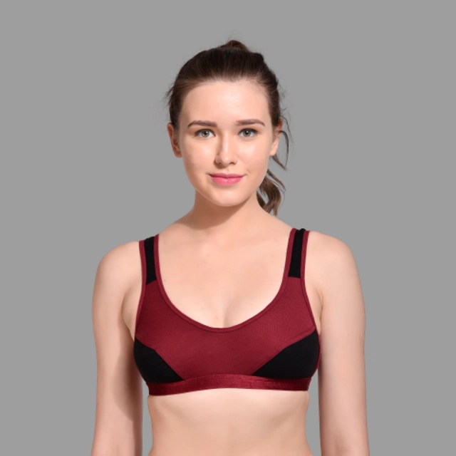 Hosiery Colorblocked Non-Padded Sports Bra for Women (Maroon, 28)