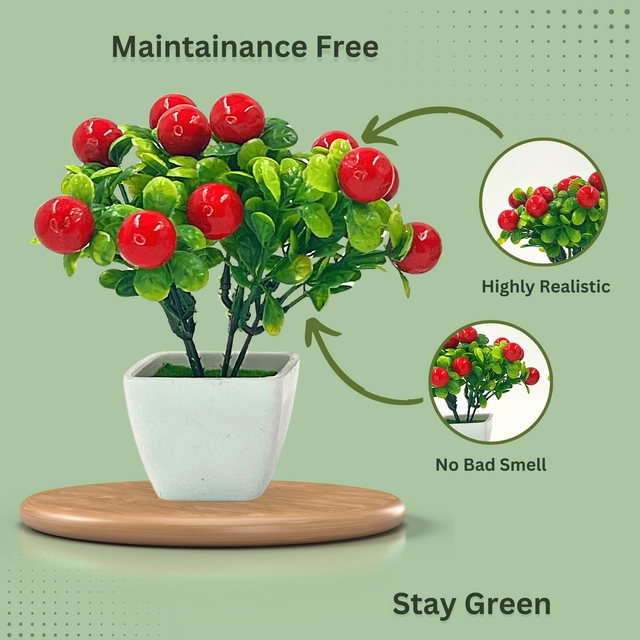 Plastic Bonsai Cherry Plant with Pot (Multicolor, Pack of 4)