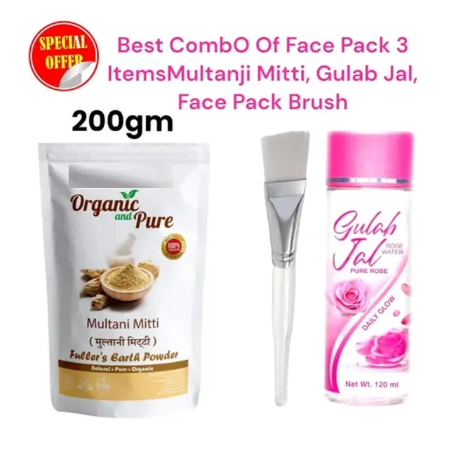 Combo of Daily Glow Natural Gulab Jal (100 ml) & Multani Mitti Face Pack (200 g) with Brush (Multicolor, Set of 3)