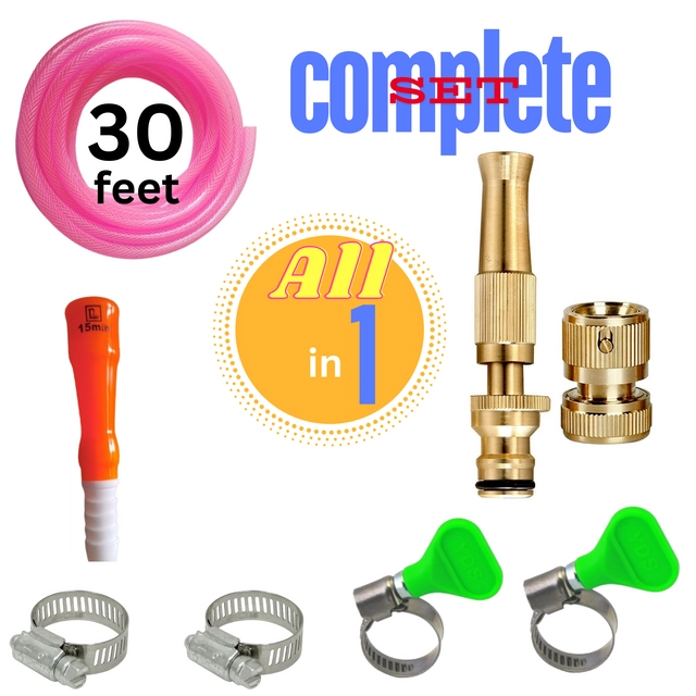 Hose Nozzle with 30 Feet Pipe & Fitting Kit (Multicolor, Set of 1)