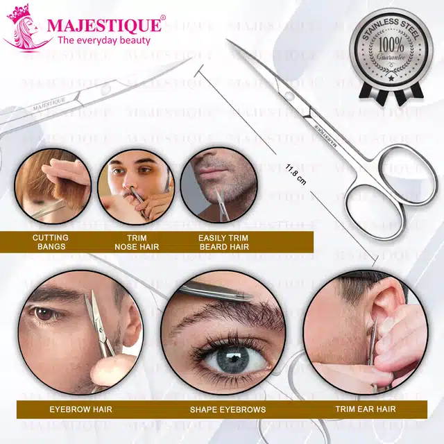 Majestique Stainless Steel Beauty Scissor with straight and Curved Blades for Beard Mustache, Nose Hair, Ear Hair (B-41)