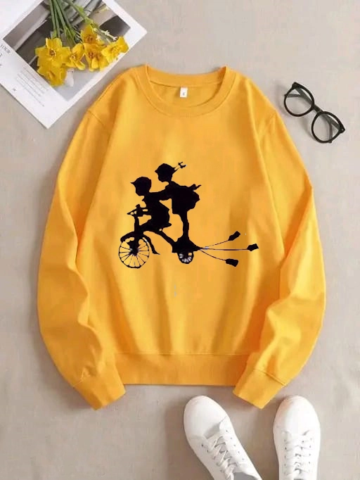 Fleece Printed Full Sleeves Sweatshirt for Women & Girls (Yellow, S)