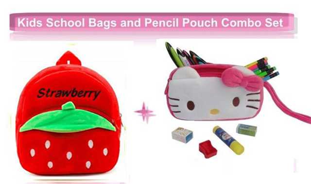 Kooniv Plus Polyester Kids School Bag And Pencil Pouch Combo (Pack Of 2, Red & Pink) (AG-7)