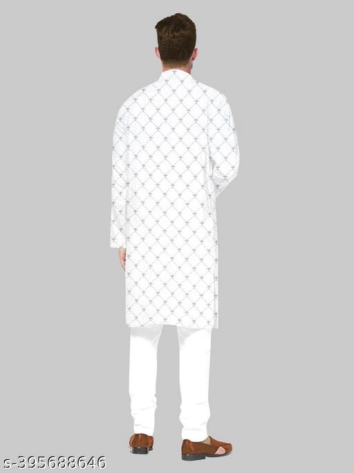 Cotton Blend Printed Kurta for Men (S, White)