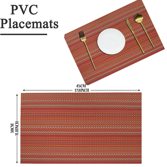 PVC Waterproof Rectangle Striped Table Mats (Maroon, 45x30 cm) (Pack of 8)