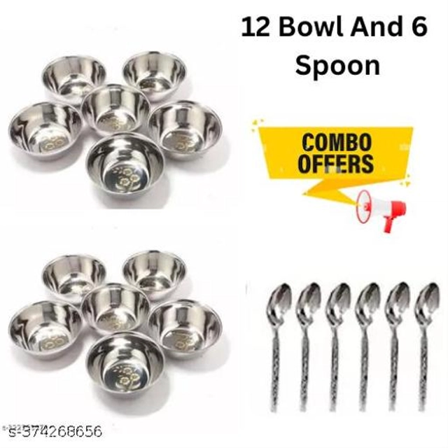 Stainless Steel 12 Pcs Bowls with 6 Pcs Spoon (Silver, Set of 2)