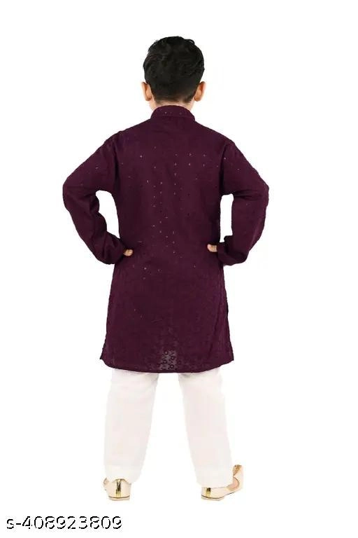 Rayon Embroidered Kurta with Pyjama for Boys (2-3 Years, Wine & White)