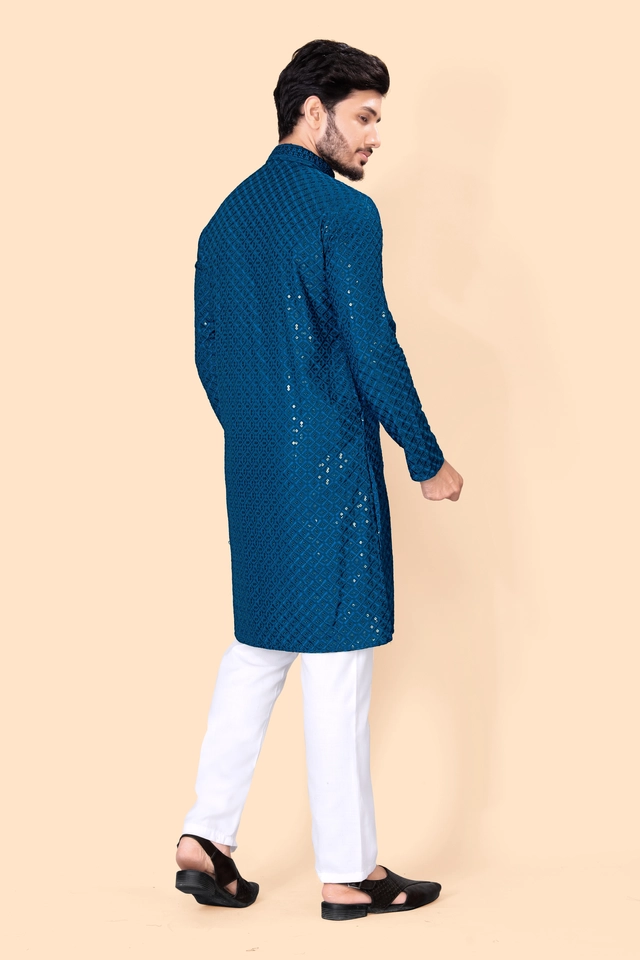 Cotton Blend Embroidered Kurta for Men (Blue, S)