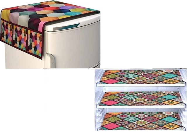 Knit Printed Fridge 4 Pcs Mat with 2 Pcs Handle & Top Cover (Multicolor, Set of 1)