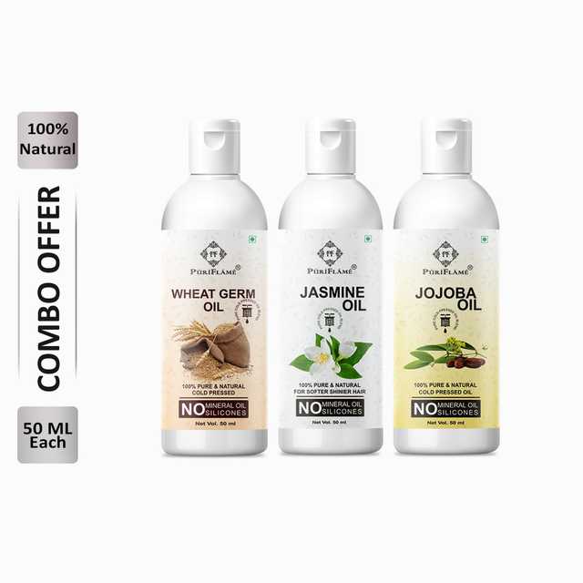 Puriflame Pure Wheat Germ Oil (50 ml), Jasmine Oil (50 ml) & Jojoba Oil (50 ml) Combo for Rapid Hair Growth (Pack Of 3) (B-14264)