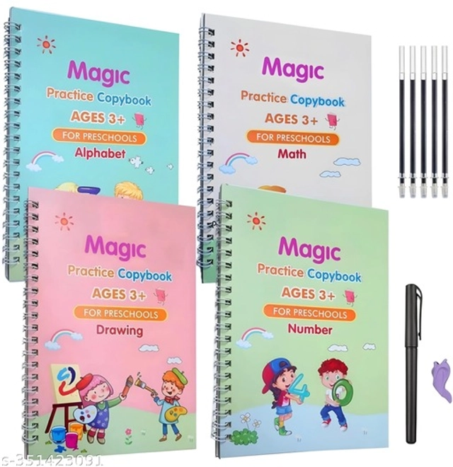 Combo of 4 Pcs Book with Pen, Grip & 10 Pcs Refills for Kids (Multicolor, Set of 4)