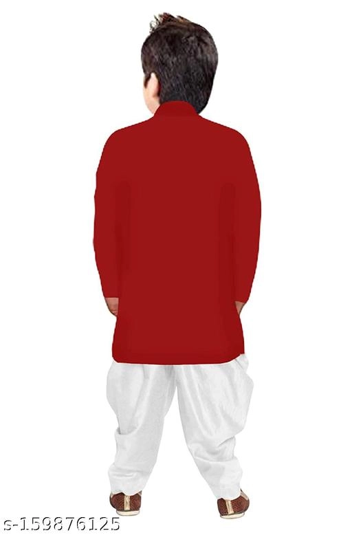 Cotton Solid Kurta with Pyjama for Boys (2-3 Years, Red & White)