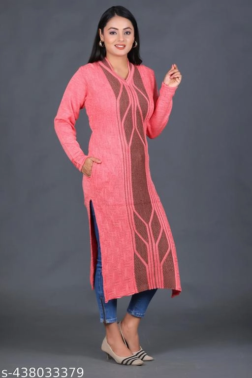 Woolen Printed Kurti for Women (Pink, L)