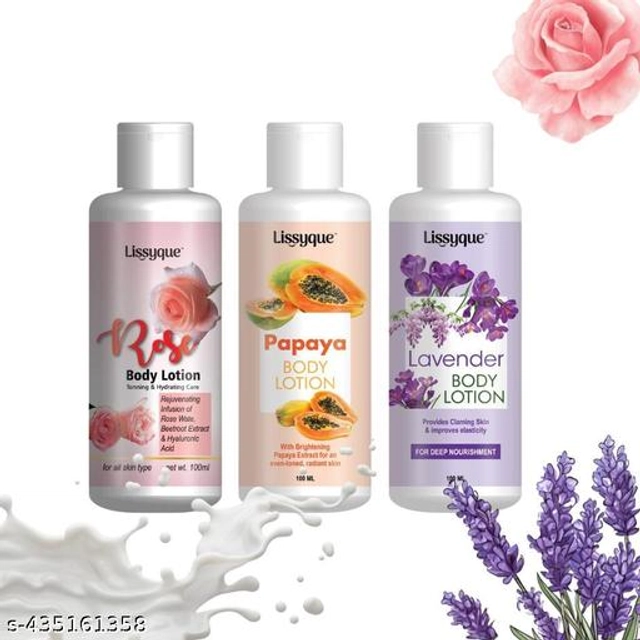  Lissyque Papaya Body Lotion + Rose Body Lotion + Lavender Body Lotion, For Skin Whitening & Brightening, Upto 48 Hrs Nourishment, Long Lasting Moisturisation, Normal to Dry Skin, 100 ml (Pack of 3)