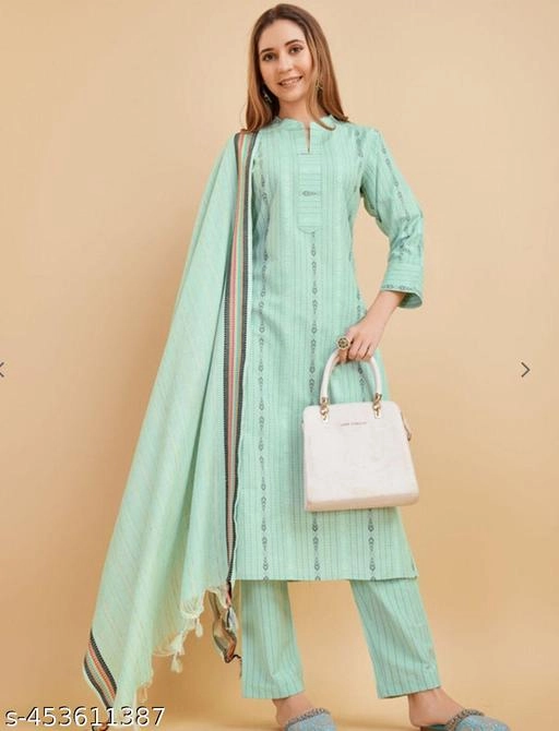 Cotton Solid Kurti with Pant & Dupatta for Women (Sea Green, S)