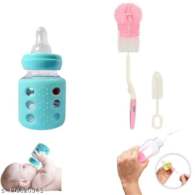 Combo of Milk Bottle (60 ml) with Bottle & Nipple Cleaning Brushes (Multicolor, Set of 3)