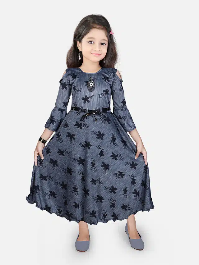 Three Quarter Sleeves Gown for Girls (Grey, 7-8 Years)