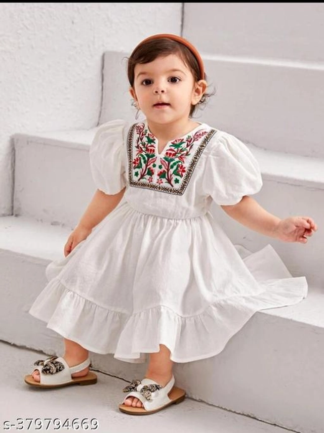 Cotton Printed Frock for Girls (White, 0-3 Months)